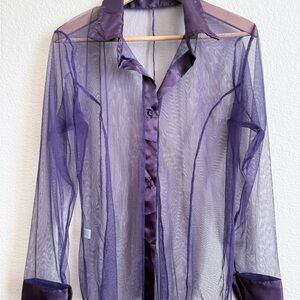 Sheer Purple Mesh Button Down Top | XL | Satin Trim | Y2K Layering Blouse